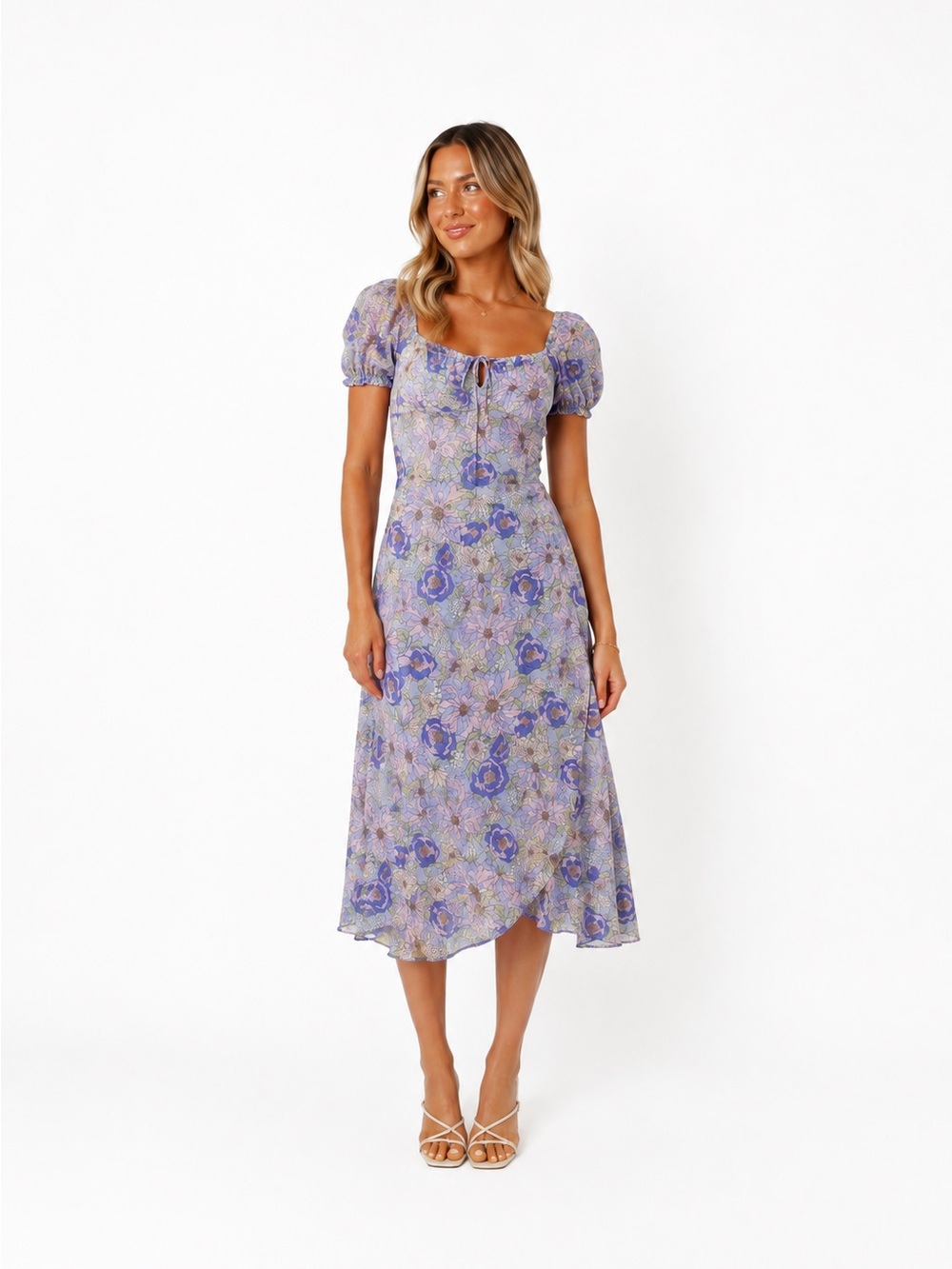 ASTR The Label Blue & Purple Floral Puff Sleeve Midi Dress Size M